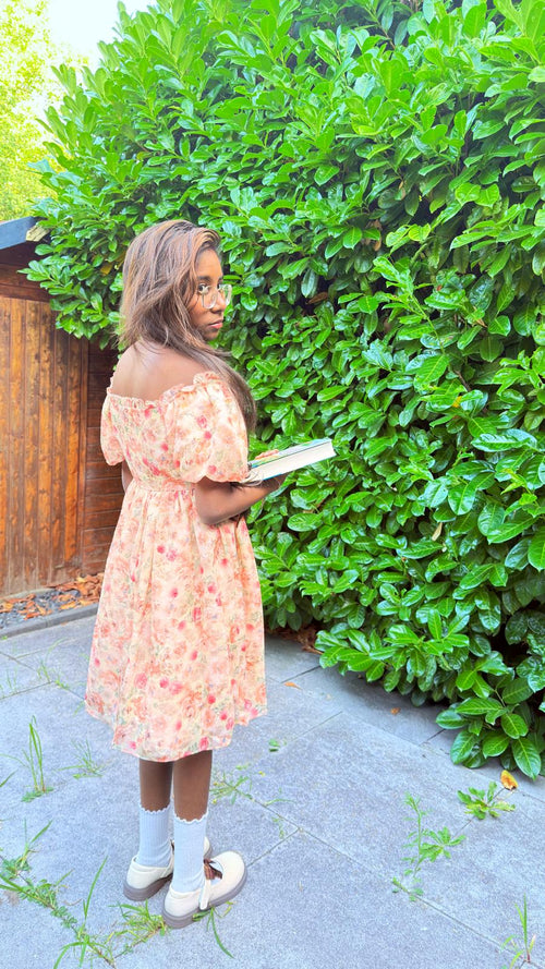 Adorable Flowery Off Shoulder-Light Dress in Orange