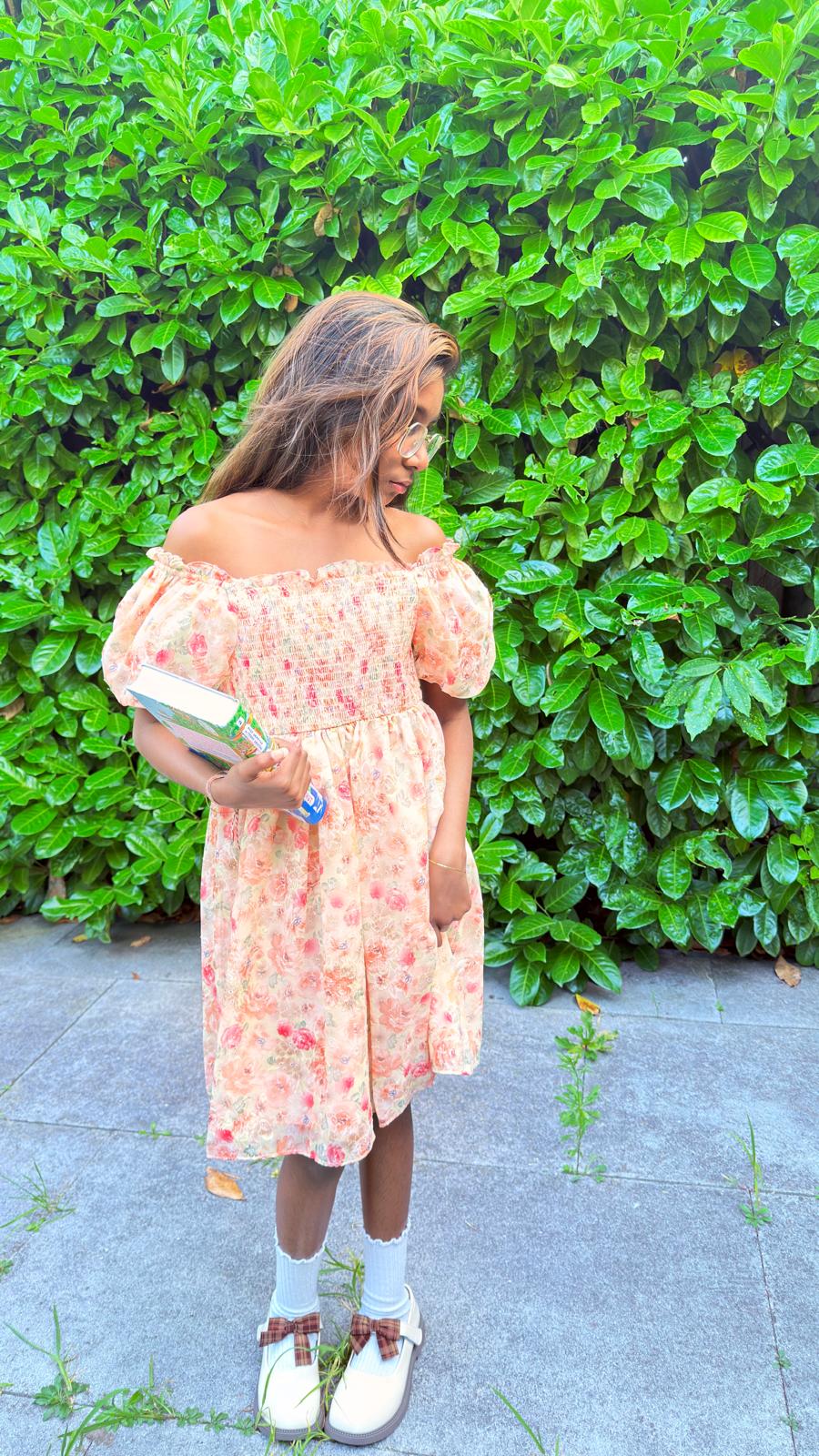 Adorable Flowery Off Shoulder-Light Dress in Orange