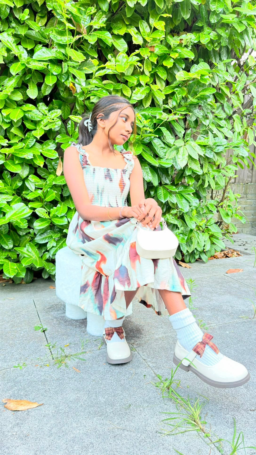Sleeveless Smocked-White & Brown Shaded Dress