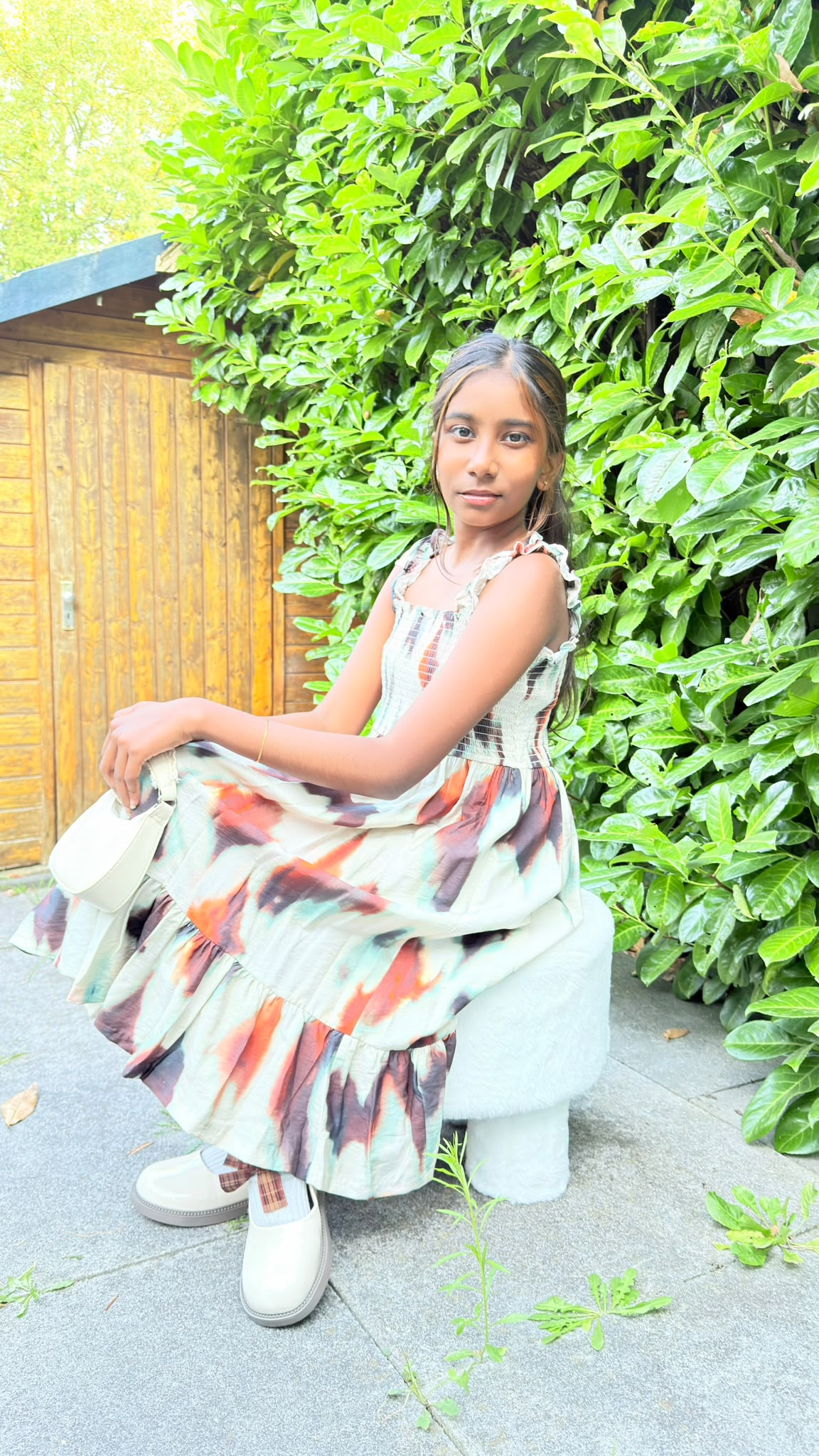 Sleeveless Smocked-White & Brown Shaded Dress