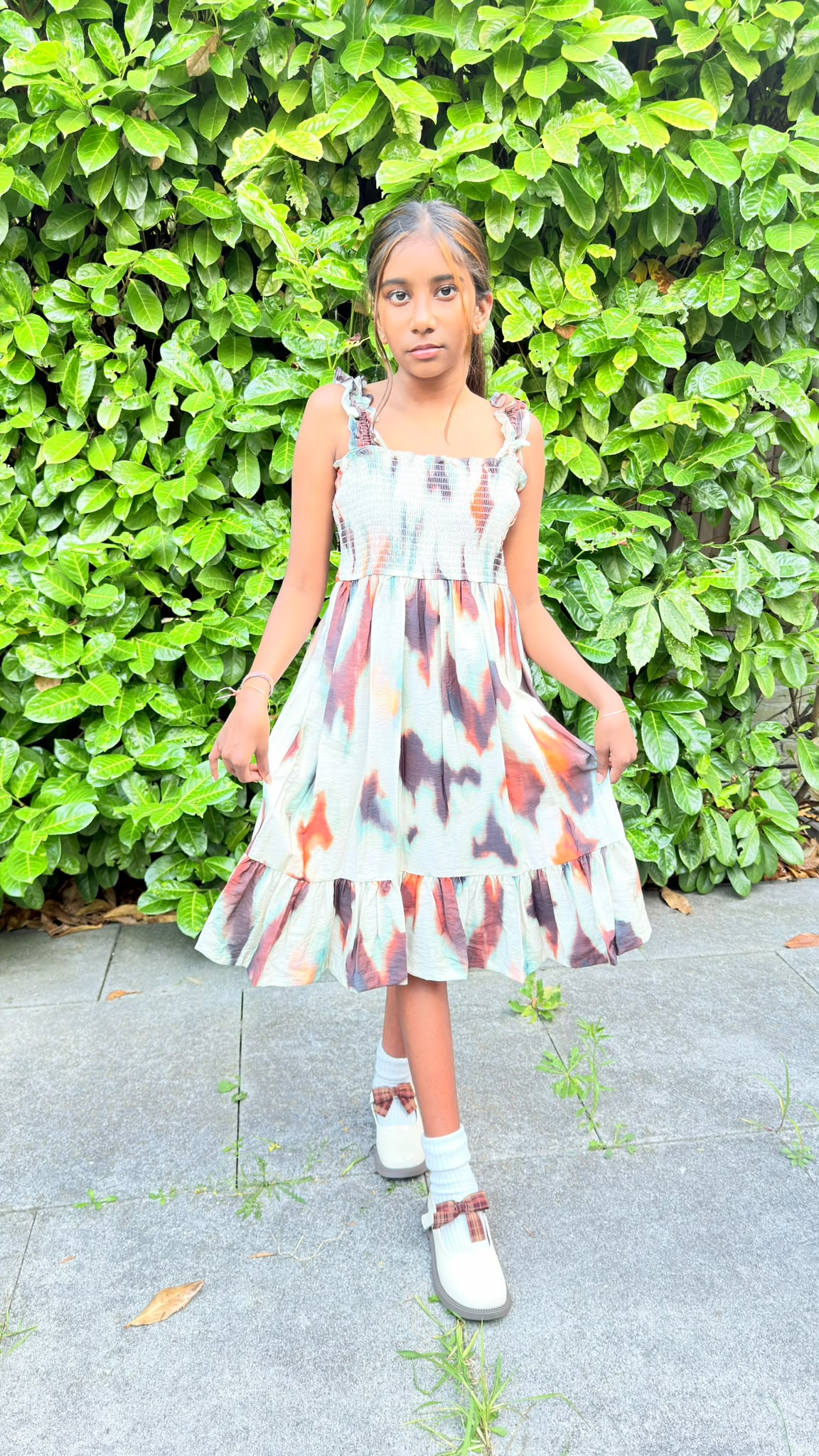 Sleeveless Smocked-White & Brown Shaded Dress