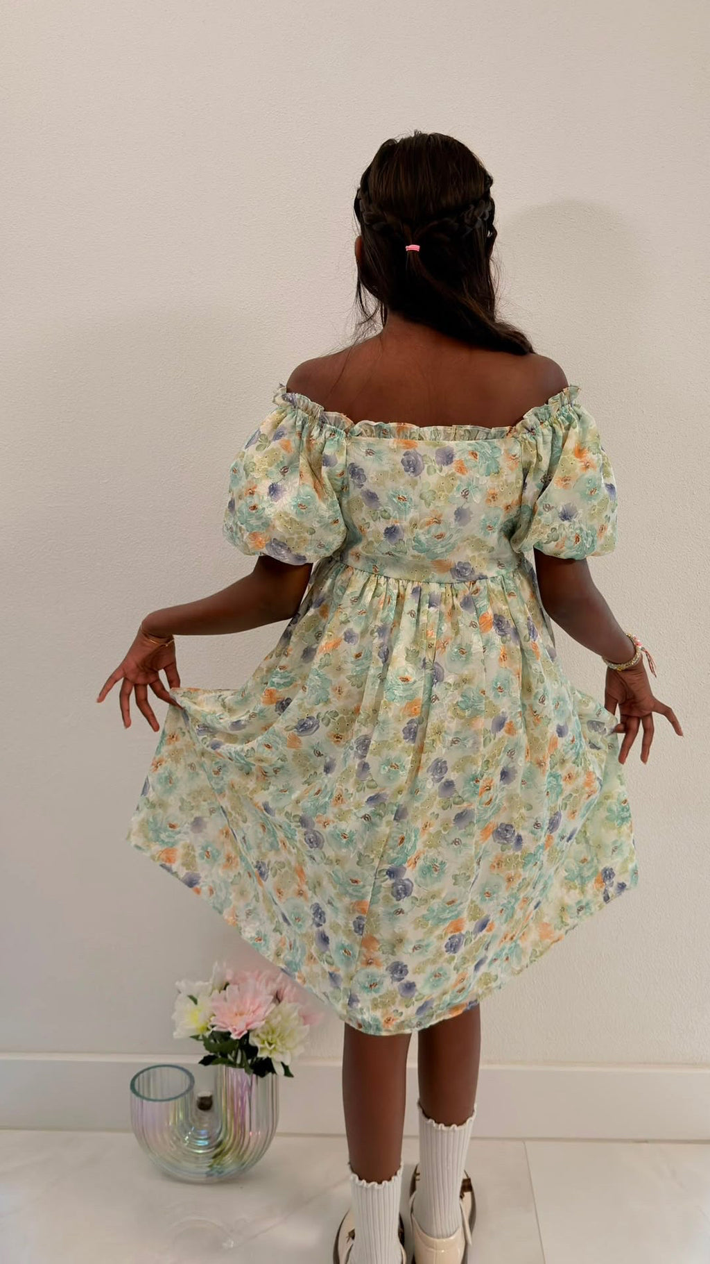 Adorable Flowery Off Shoulder-Light Dress in Mint Green