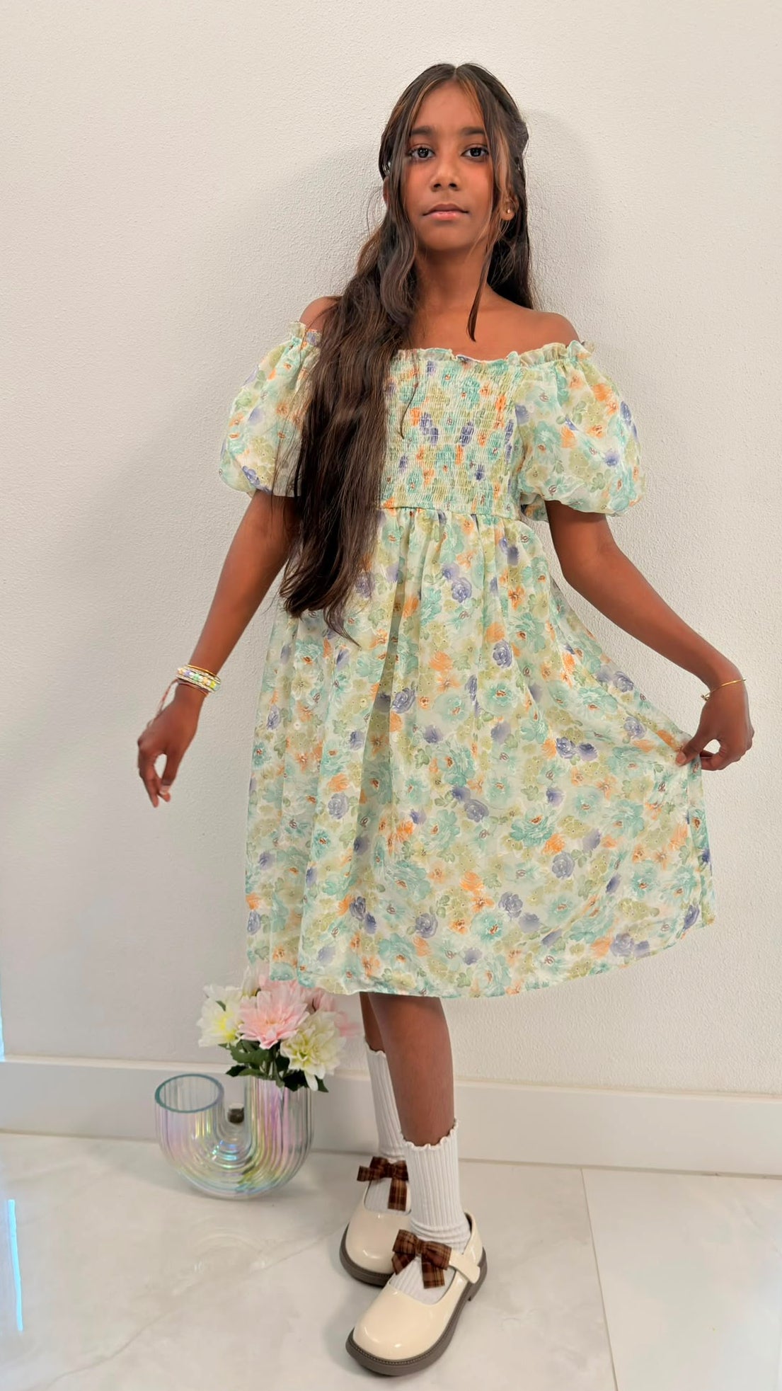 Adorable Flowery Off Shoulder-Light Dress in Mint Green