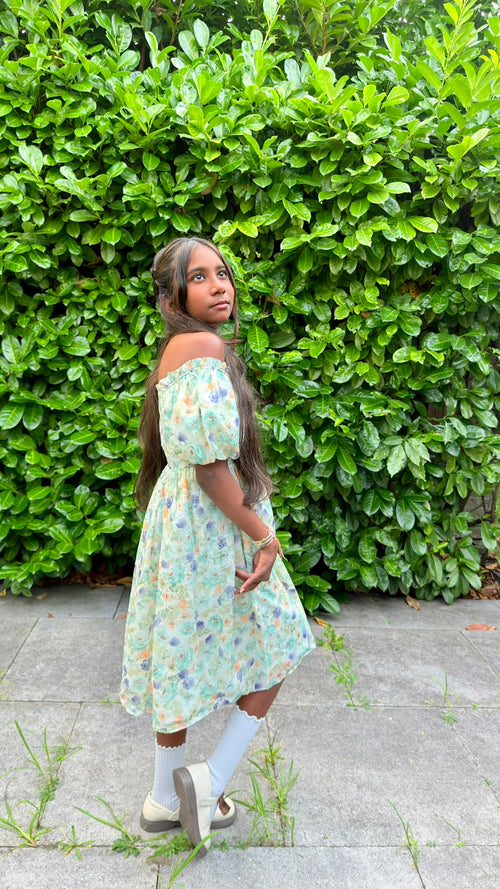 Adorable Flowery Off Shoulder-Light Dress in Mint Green