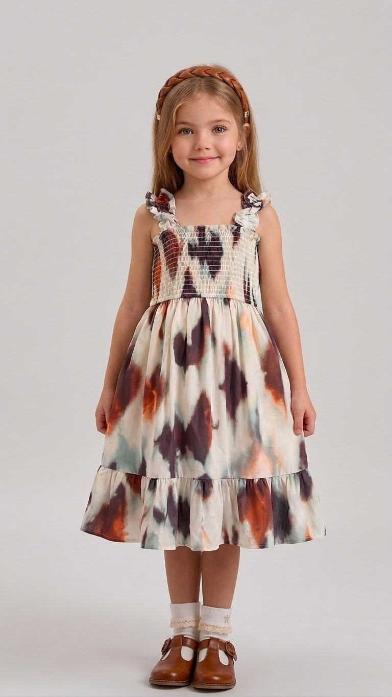 Sleeveless Smocked-White & Brown Shaded Dress